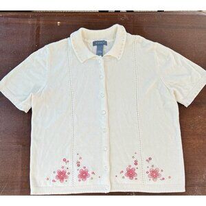 VTG Koret Short Sleeve Cardigan Button Up Pink Beige Embroidered Floral Sz LG